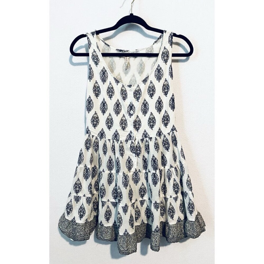 RAGA Anthropoloige Dress Womens Large Gray Purple Floral Tiered Ruffle Flirty